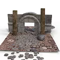 Ancient Stone Archway With Pillars And Cobblestone Path Surrounding Scattered Stones
