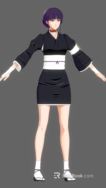 Woman In Black And White Outfit With Long Sleeves White Sash And Outstretched Arms 3d model 