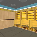 Retail Showroom Interior With Wooden Counter Orange Shelves And Blue Walls