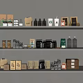 Organized Shelves Display Various Food Packaging With Coffee Cans Bottles And Starbucks Cups
