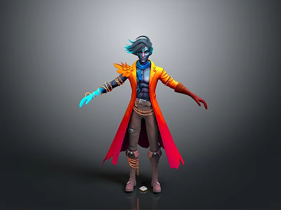 Blue Haired Blue Skinned Fantasy Game Movie Character With Glowing Arms In Orange Red Coat 3d model