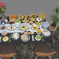 Assorted Chinese Dishes And Dim Sum In Bamboo Steamers And Ceramic Bowls On Dining Table