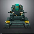 Ornate Teal Throne With Golden Bull Horn Armrests Steps And Decorative Bowls