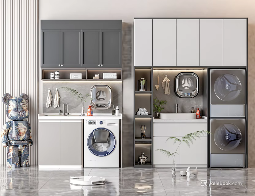 Modern Bathroom Cabinetry With Gray White Cabinets Washing Machine Dryer And Plants 3d model 