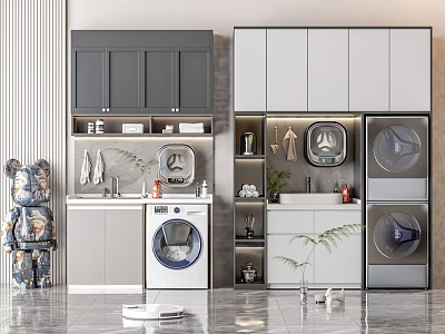 Modern Bathroom Cabinetry With Gray White Cabinets Washing Machine Dryer And Plants 3d model