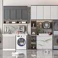 Modern Bathroom Cabinetry With Gray White Cabinets Washing Machine Dryer And Plants