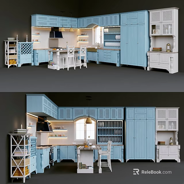 Modern Light Blue Kitchen Interior With Cabinets Island Table And White Chairs 3d model 