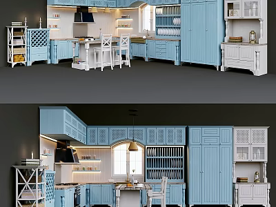 Modern Light Blue Kitchen Interior With Cabinets Island Table And White Chairs 3d model