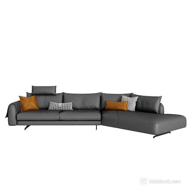 Gray L shaped Sectional Sofa with Orange and Checkered Decorative Cushions 3d model