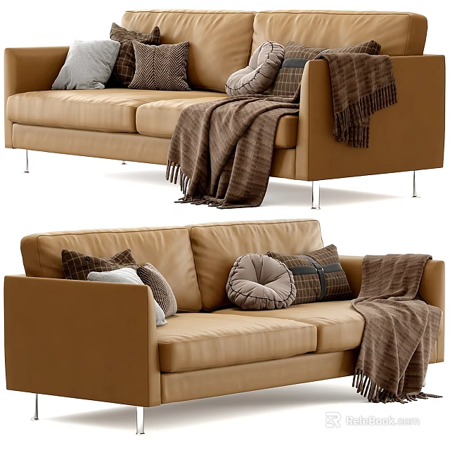 Modern Tan Two Seater Sofa With Plush Pillows And Cozy Blanket 3d model 