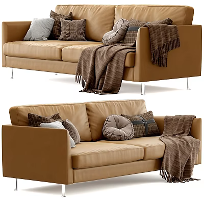 Modern Tan Two Seater Sofa With Plush Pillows And Cozy Blanket 3d model