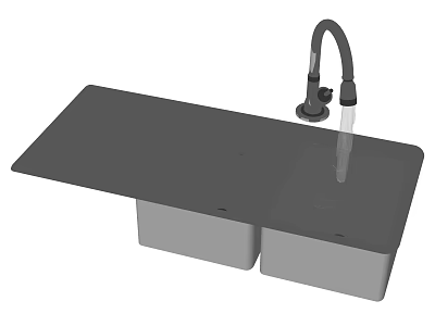 Modern Double Bowl Kitchen Sink With Black Countertop And Curved Faucet 3d model