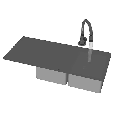 Modern Double Bowl Kitchen Sink With Black Countertop And Curved Faucet 3d model