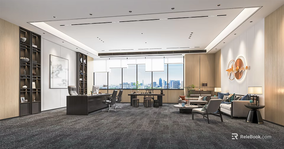 Modern Office Interior With Spacious Layout Desk Sofa Area And City View Windows 3d model