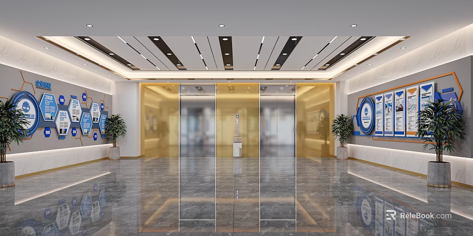 Modern Elevator Lobby Interior With Marble Floor Recessed Lighting And Glass Doors 3d model 