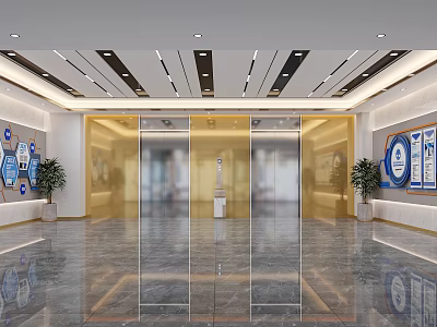 Modern Elevator Lobby Interior With Marble Floor Recessed Lighting And Glass Doors 3d model