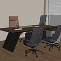 Modern Wooden Office Desk With Laptop Two Brown Chairs And Metal Legs