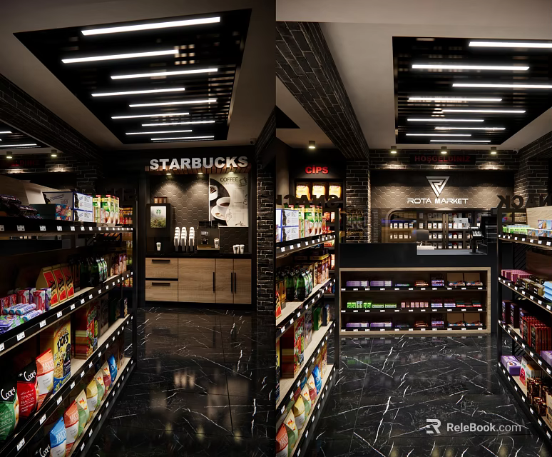 Modern Supermarket Retail Store Interior With Shelves Displaying Various Products And Starbucks Section 3d model 