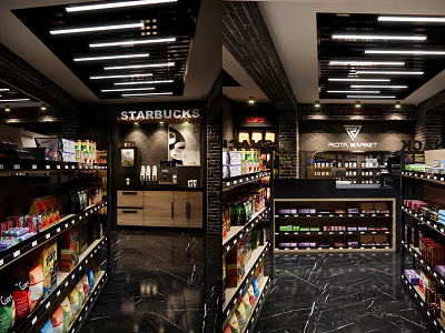 Modern Supermarket Retail Store Interior With Shelves Displaying Various Products And Starbucks Section 3d model
