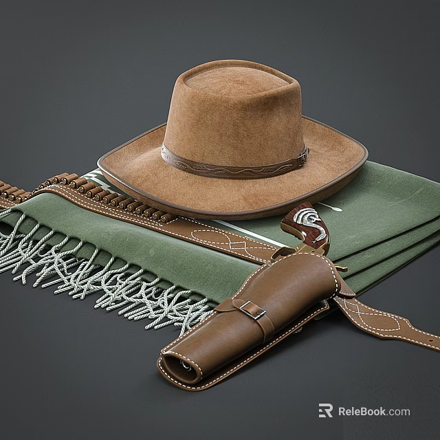 Brown Cowboy Hat And Leather Holster On Green Fringed Blanket 3d model 