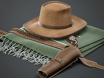 Brown Cowboy Hat And Leather Holster On Green Fringed Blanket 3d model