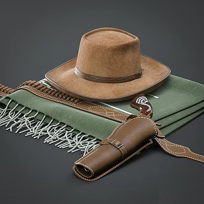 Brown Cowboy Hat And Leather Holster On Green Fringed Blanket 3d model