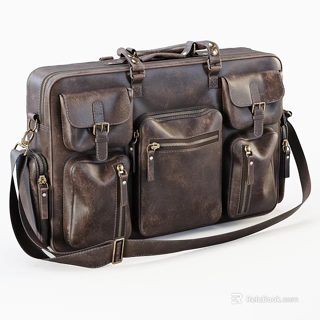 Vintage Leather Briefcase Hanging Ornaments With Brown Straps And Multiple Pockets 3d model 