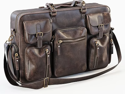 Vintage Leather Briefcase Hanging Ornaments With Brown Straps And Multiple Pockets 3d model
