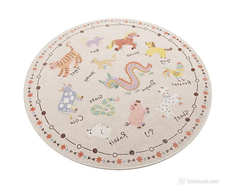 Round Carpet For Kids Room With Various Animal Patterns And English Words Decorative Border 3d model 