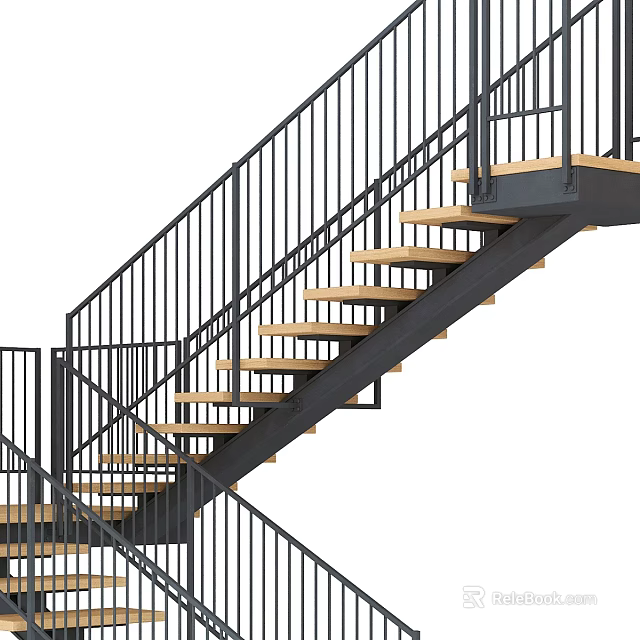 Modern Staircase Design With Black Metal Railings And Wooden Steps Open Geometric Structure Interior 3d model 