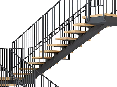 Modern Staircase Design With Black Metal Railings And Wooden Steps Open Geometric Structure Interior 3d model