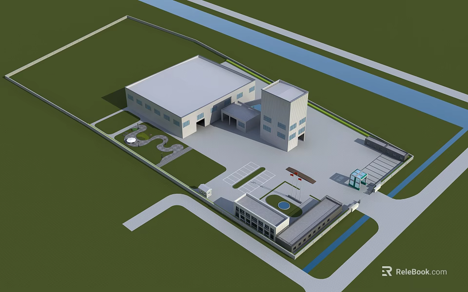 Industrial Factory 3D Model Aerial View With Parking Area And Green Space Layout 3d model 