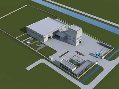 Industrial Factory 3D Model Aerial View With Parking Area And Green Space Layout 3d model