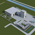 Industrial Factory 3D Model Aerial View With Parking Area And Green Space Layout