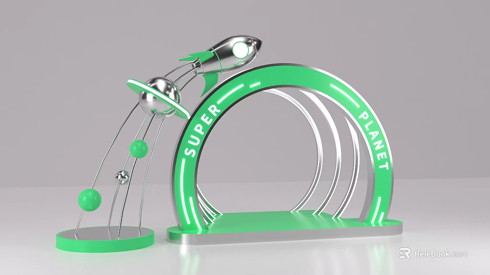 Green Arch Decorative Structure With Super Planet Text Rocket And Spheres 3d model