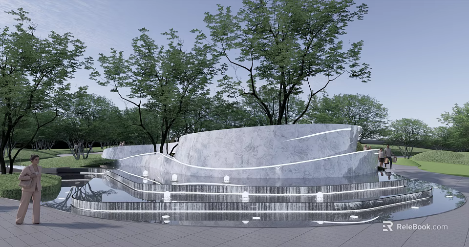 Modern Stone Landscape Wall Design With Trees Water Feature And Steps 3d model