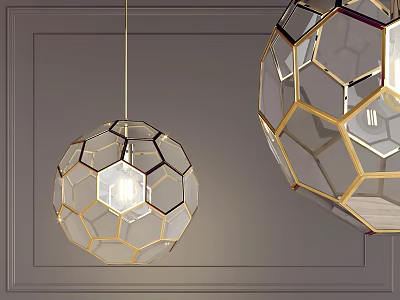Modern Hexagonal Chandeliers With Golden Frames And Transparent Glass On Gray Wall Wooden Trim 3d model