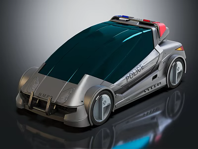 Futuristic Police Functional Vehicle With Sleek Silver Exterior And Red Blue Lights 3d model