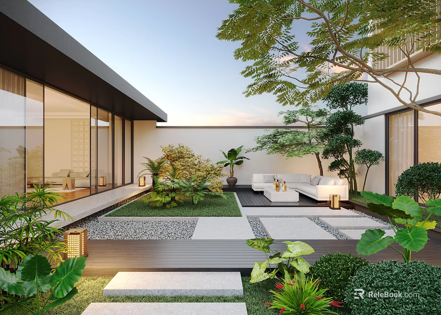 Modern Courtyard Garden Design With Lush Plants Outdoor Seating Stone Paving And Ambient Lighting 3d model 