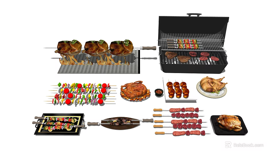 Assorted Grilled Food Including Skewers Steak Chicken Vegetable Kabobs And Barbecue Grill 3d model 