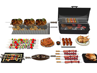 Assorted Grilled Food Including Skewers Steak Chicken Vegetable Kabobs And Barbecue Grill 3d model