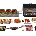 Assorted Grilled Food Including Skewers Steak Chicken Vegetable Kabobs And Barbecue Grill