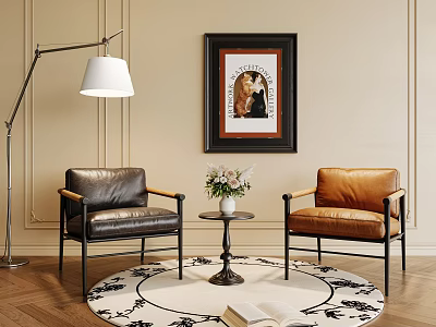 Black and Brown Leather Leisure Chairs With Small Round Table Vase Flowers in Modern Interior 3d model