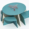 Kids Table Set with Round Square Shapes Blue White Chairs and Toys Books