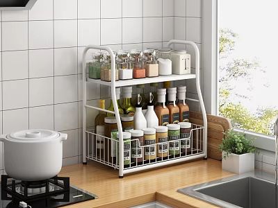 Spice Bottles Organized On Kitchen Countertop Rack 3d model