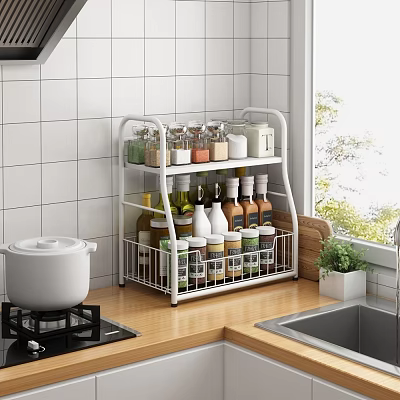 Spice Bottles Organized On Kitchen Countertop Rack 3d model