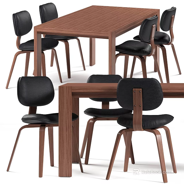 Modern Dining Table And Chair Set With Wooden Top And Black Leather Seats 3d model 