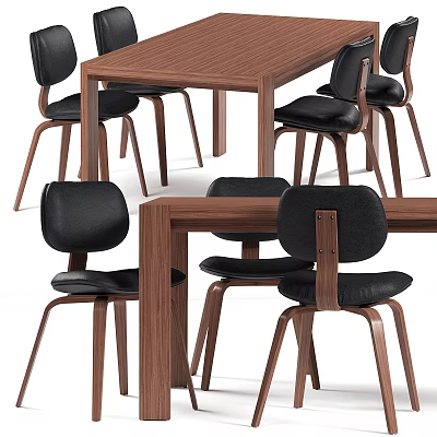 Modern Dining Table And Chair Set With Wooden Top And Black Leather Seats 3d model