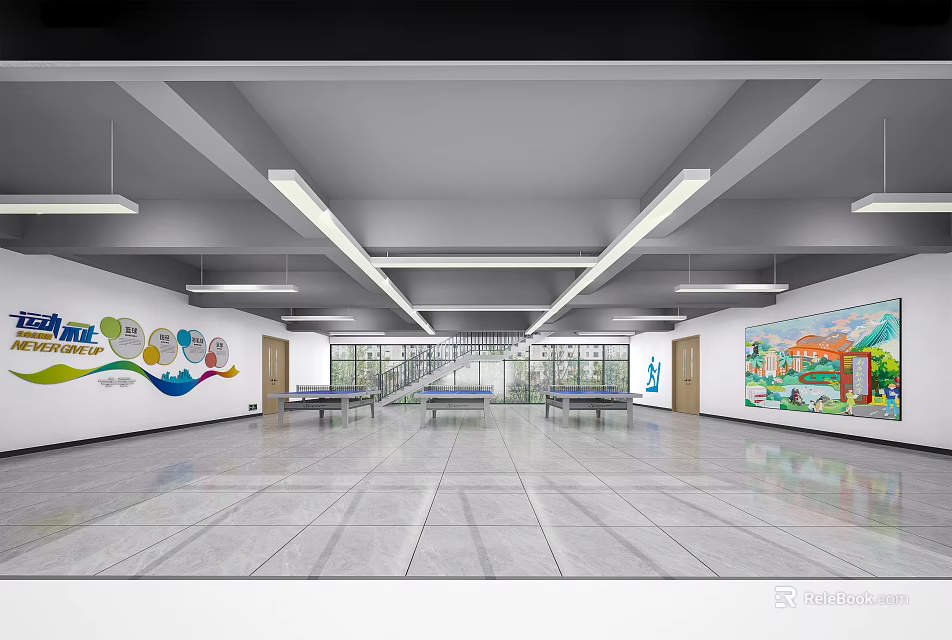 Spacious Service Hall Interior Design With Service Counters Colorful Murals Tiled Floors And Bright Lighting 3d model 