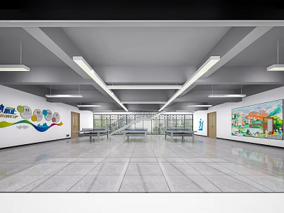 Spacious Service Hall Interior Design With Service Counters Colorful Murals Tiled Floors And Bright Lighting 3d model